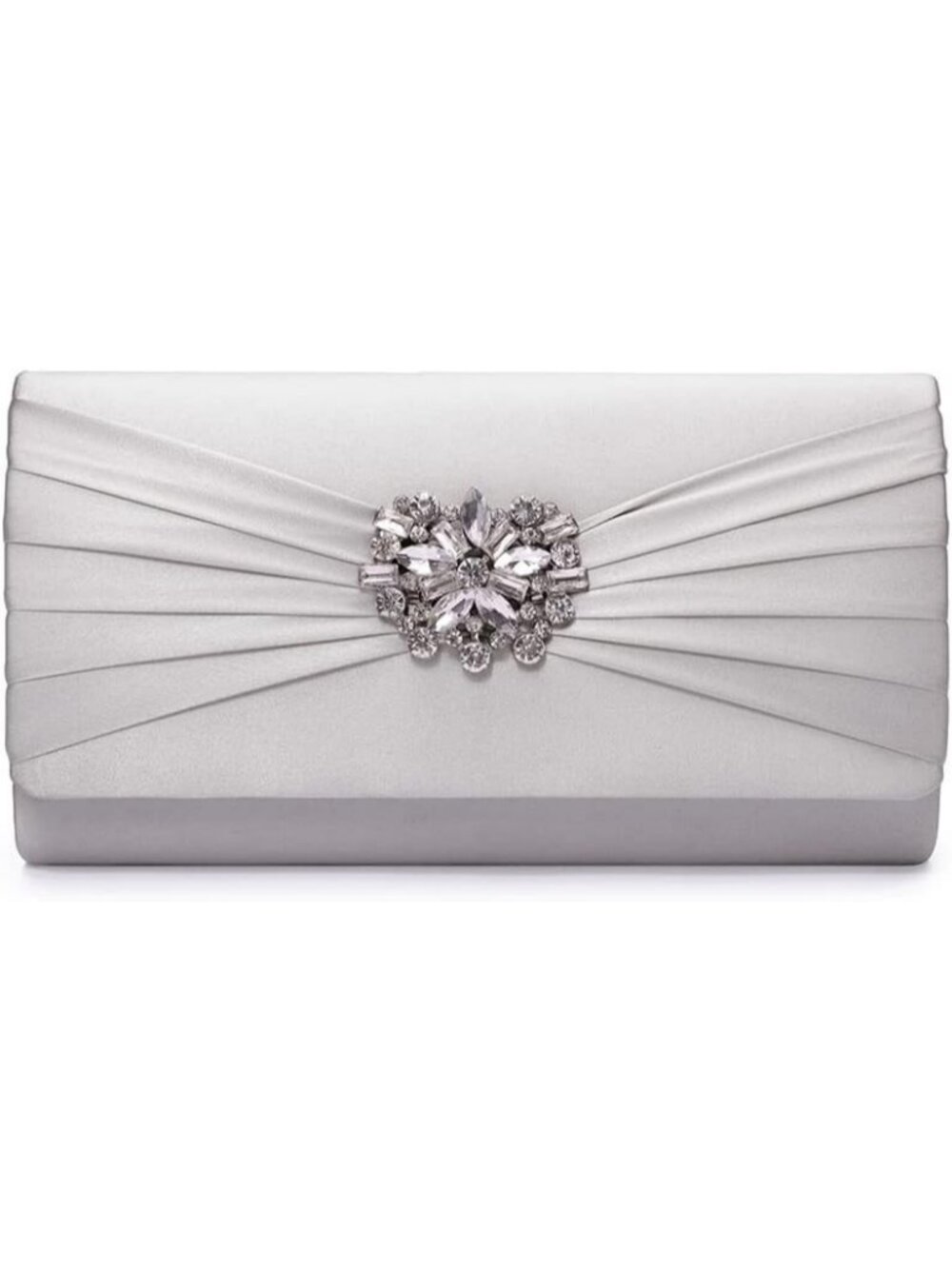 Womens Silver Satin Rhinestone Clutch Prom Detachable Chain Evening Bag